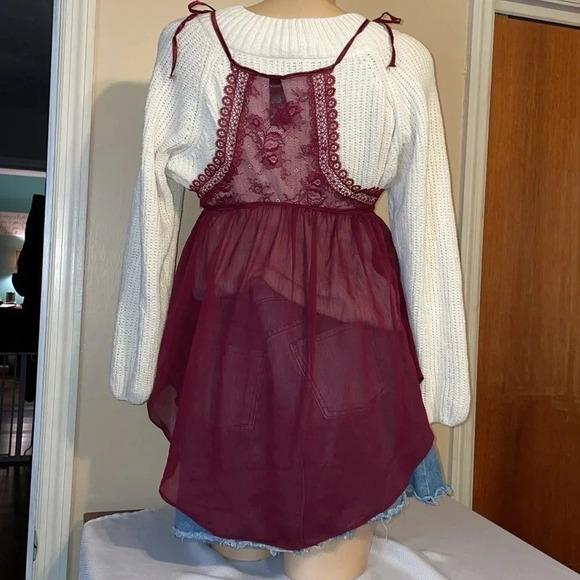 women’s night gown Large nightie top Burgundy lace sheer tie lingerie intimate - Picture 4 of 7